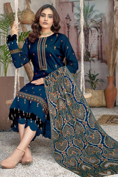 3PC Unstitched Dhanak Embroidered Shirt with Dhanak Aplik Work Shawl Embroidered Dupatta IR-110 A