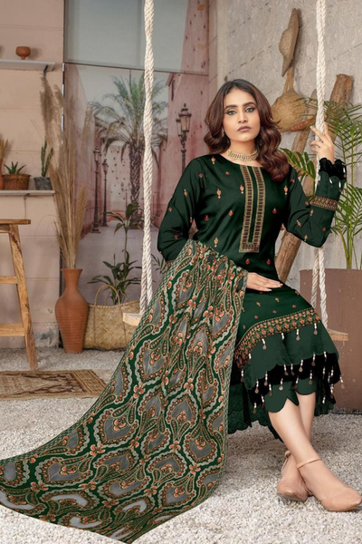 3PC Unstitched Dhanak Embroidered Shirt with Dhanak Aplik Work Shawl Embroidered Dupatta IR-110 B