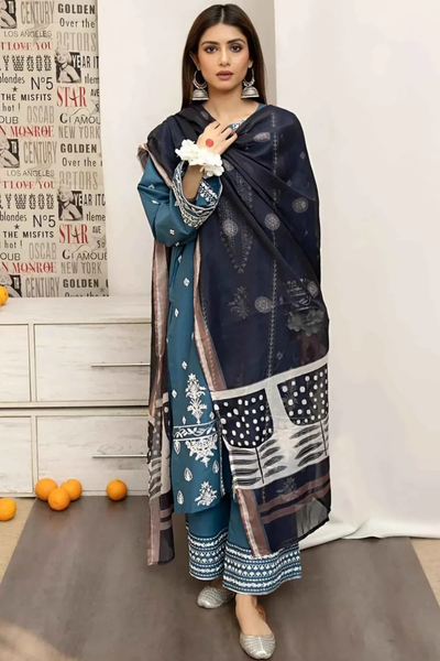 Elegant Dhank Suit with Heavy Neck Embroidery & Printed Shawl -MG