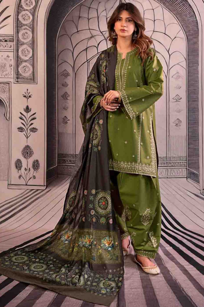 Elegant Dhank Suit with Heavy Neck Embroidery & Printed Shawl -MG
