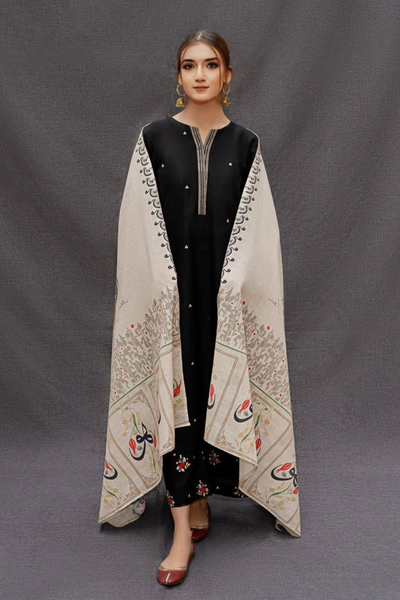 Elegant Dhank Suit with Heavy Neck Embroidery & Printed Shawl -MG