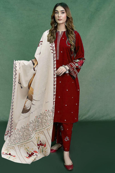 Elegant Dhank Suit with Heavy Neck Embroidery & Printed Shawl -MG
