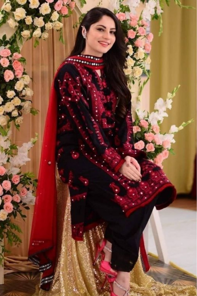 Elegant Dhank Suit with Heavy Neck Embroidery